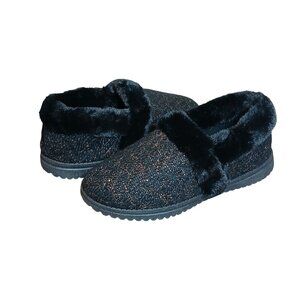 Skechers Womens Fuzzy Slipper Shoe Memory Foam Sz 10 Black Gold Sparkly Slip On